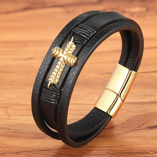 Pulseira de Couro Man Style - Modelo: Crucifixo Ouro