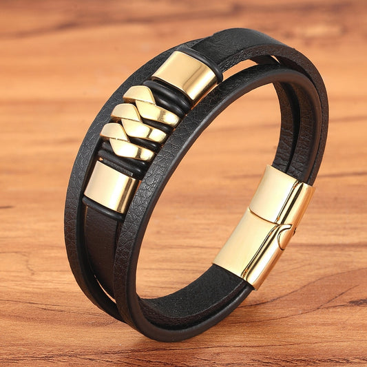 Pulseira de Couro Man Style - Modelo: Listras Ouro